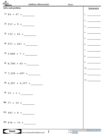 Addition Worksheets - Addition (Horizontal) worksheet
